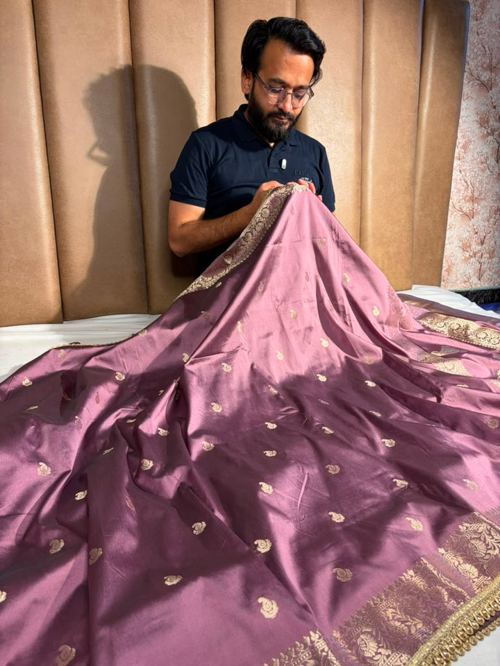 Moose Lavender Banarasi Silk Lace Work Saree