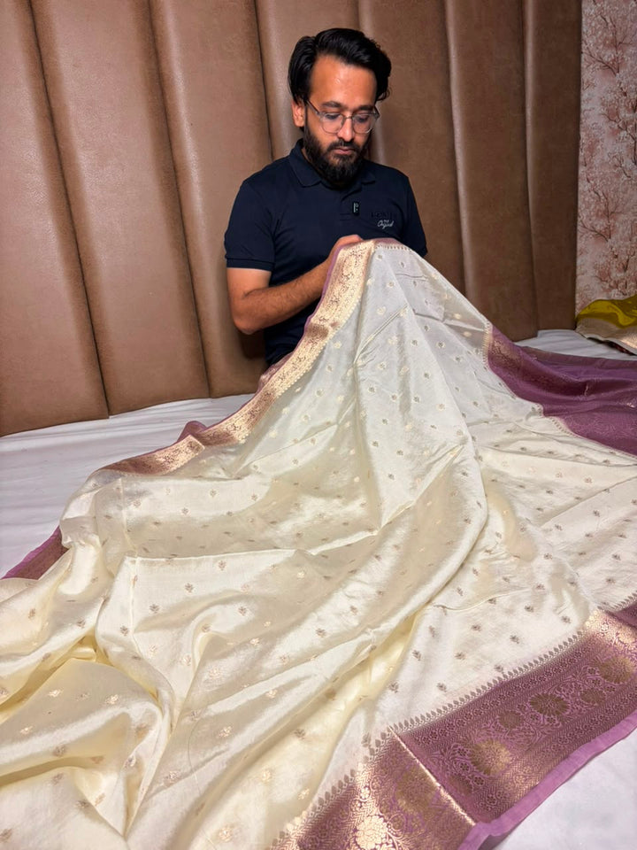 Cream - Majenta heritage soft Georgette Banarasi Saree