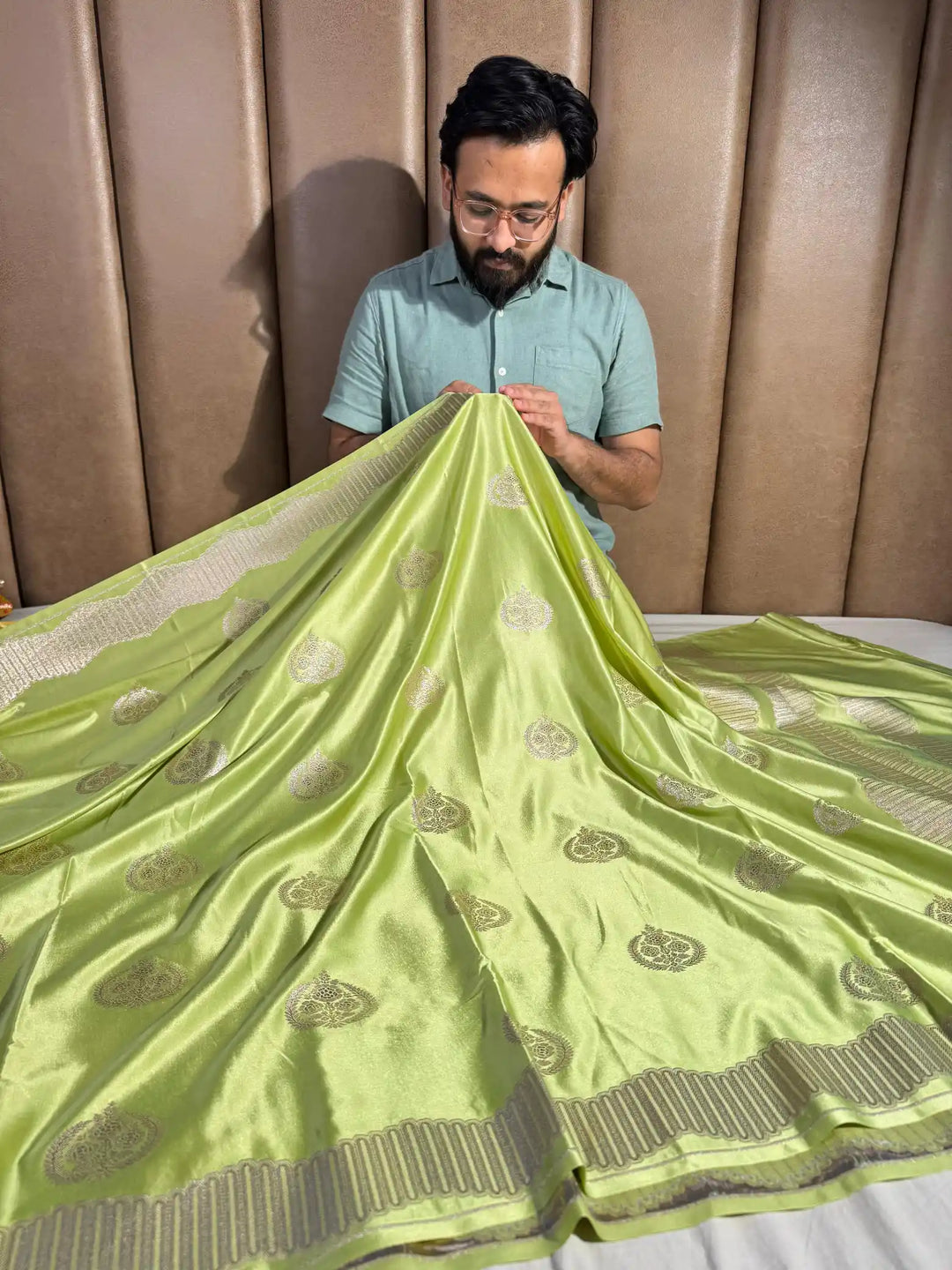 Tea Green Banarasi Mashru Katan Silk Saree with Rich Pallu and Blouse