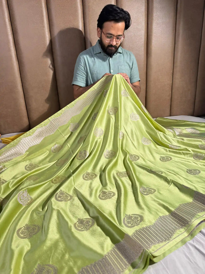 Tea Green Banarasi Mashru Katan Silk Saree with Rich Pallu and Blouse