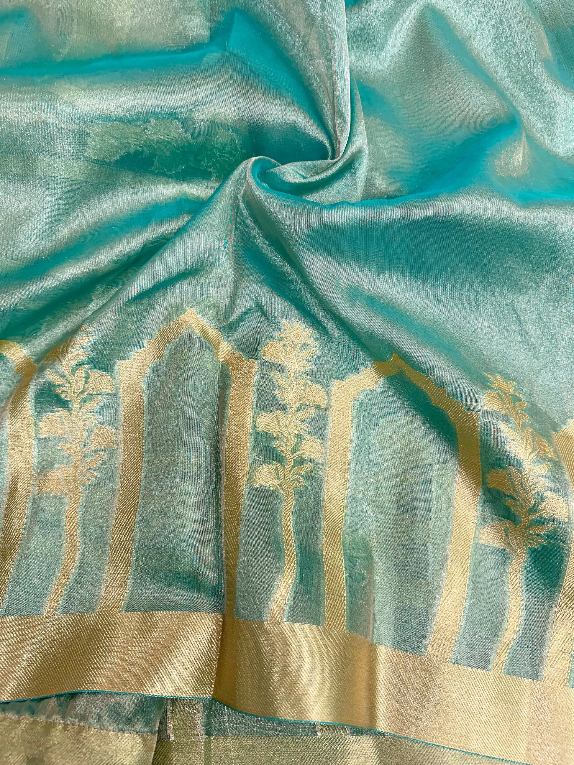 Sea Green Tissue Silk Heavy Lace Attached Banarasi Saree