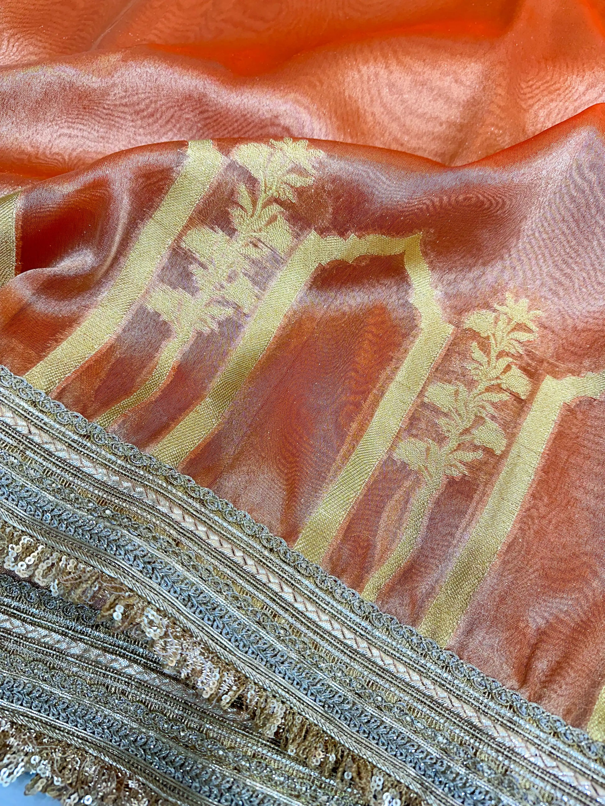 Fanta Orange Tissue Silk Heavy Lace Attached Banarasi Saree