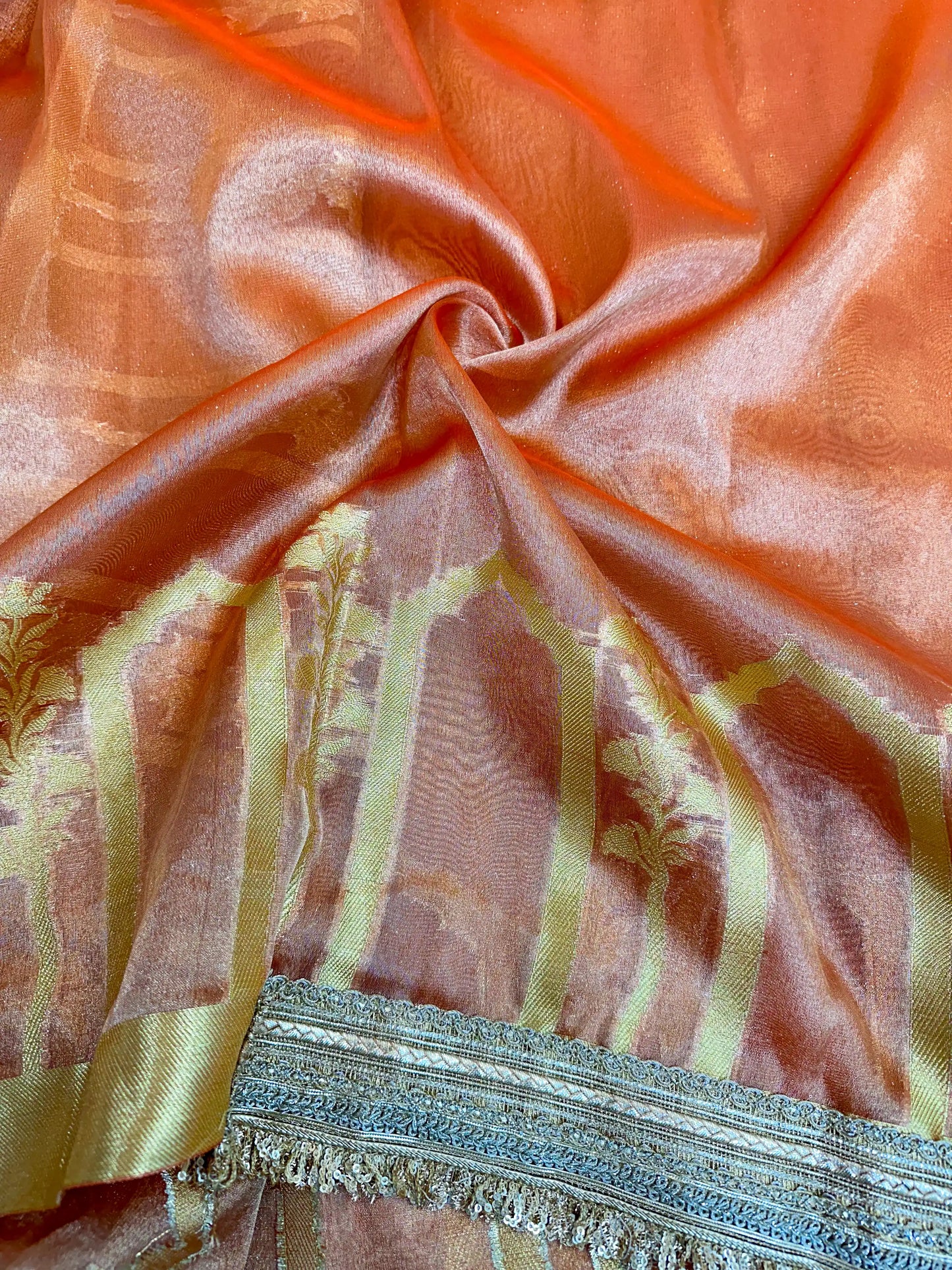 Fanta Orange Tissue Silk Heavy Lace Attached Banarasi Saree