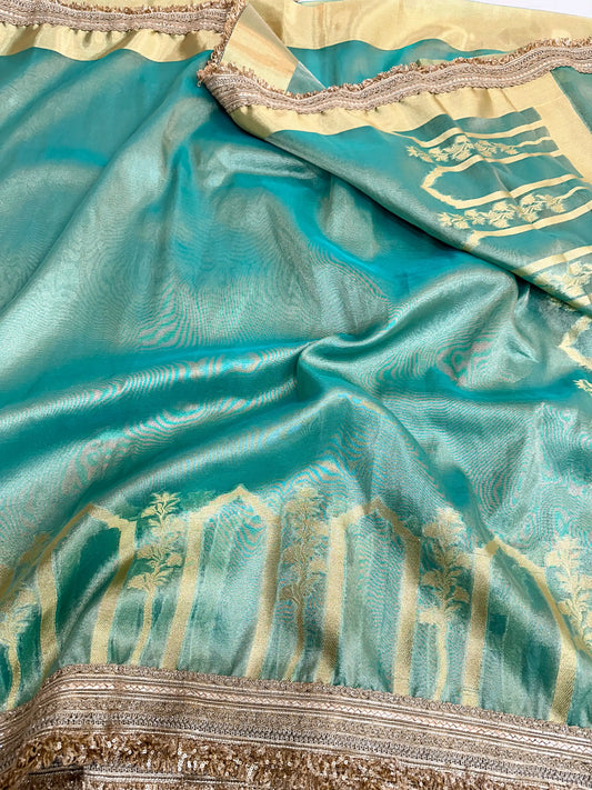 Sea Green Tissue Silk Heavy Lace Attached Banarasi Saree