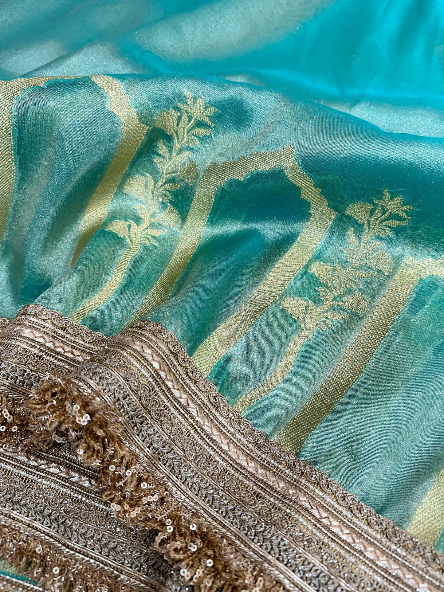 Sea Green Tissue Silk Heavy Lace Attached Banarasi Saree