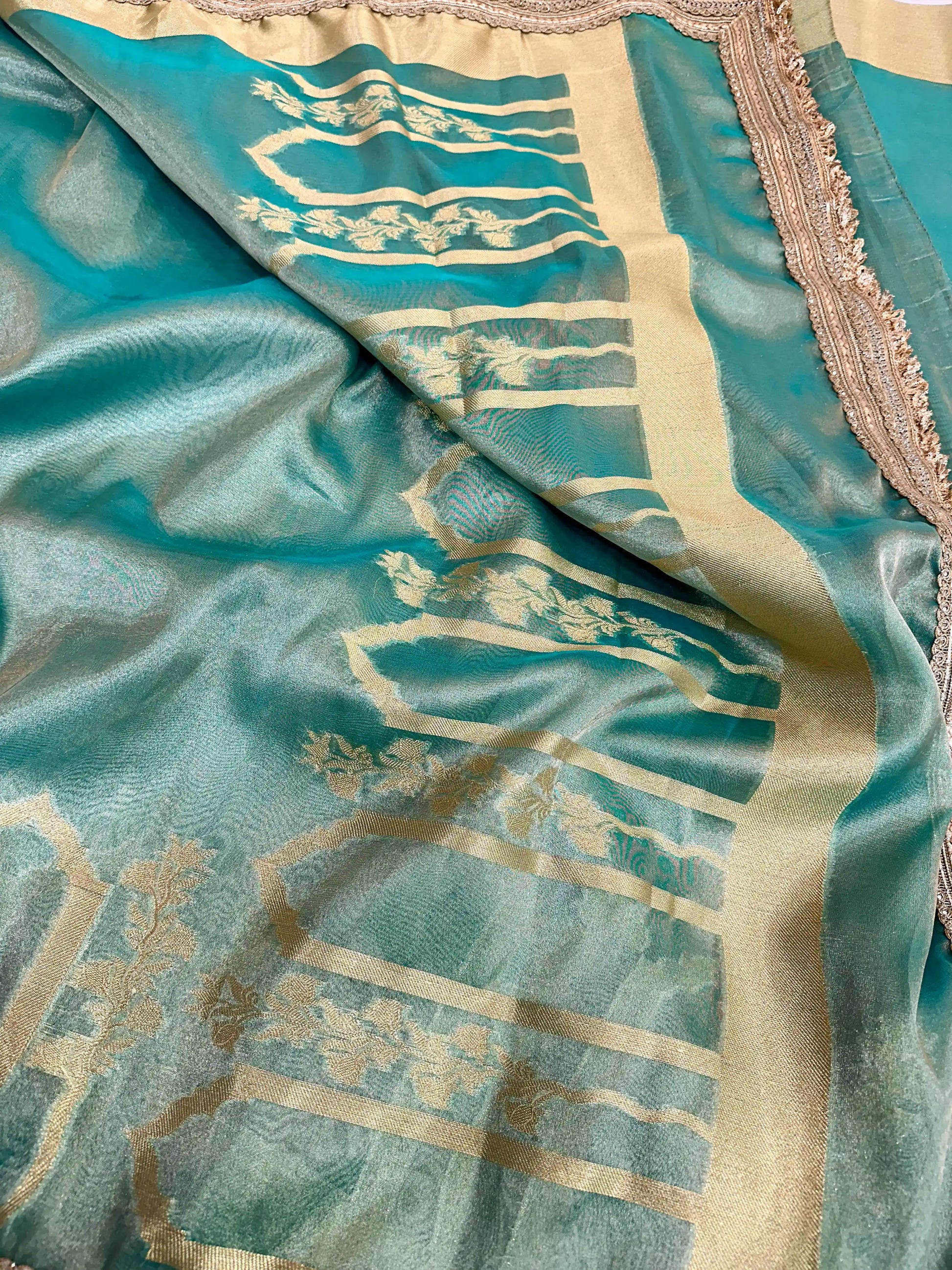 Sea Green Tissue Silk Heavy Lace Attached Banarasi Saree