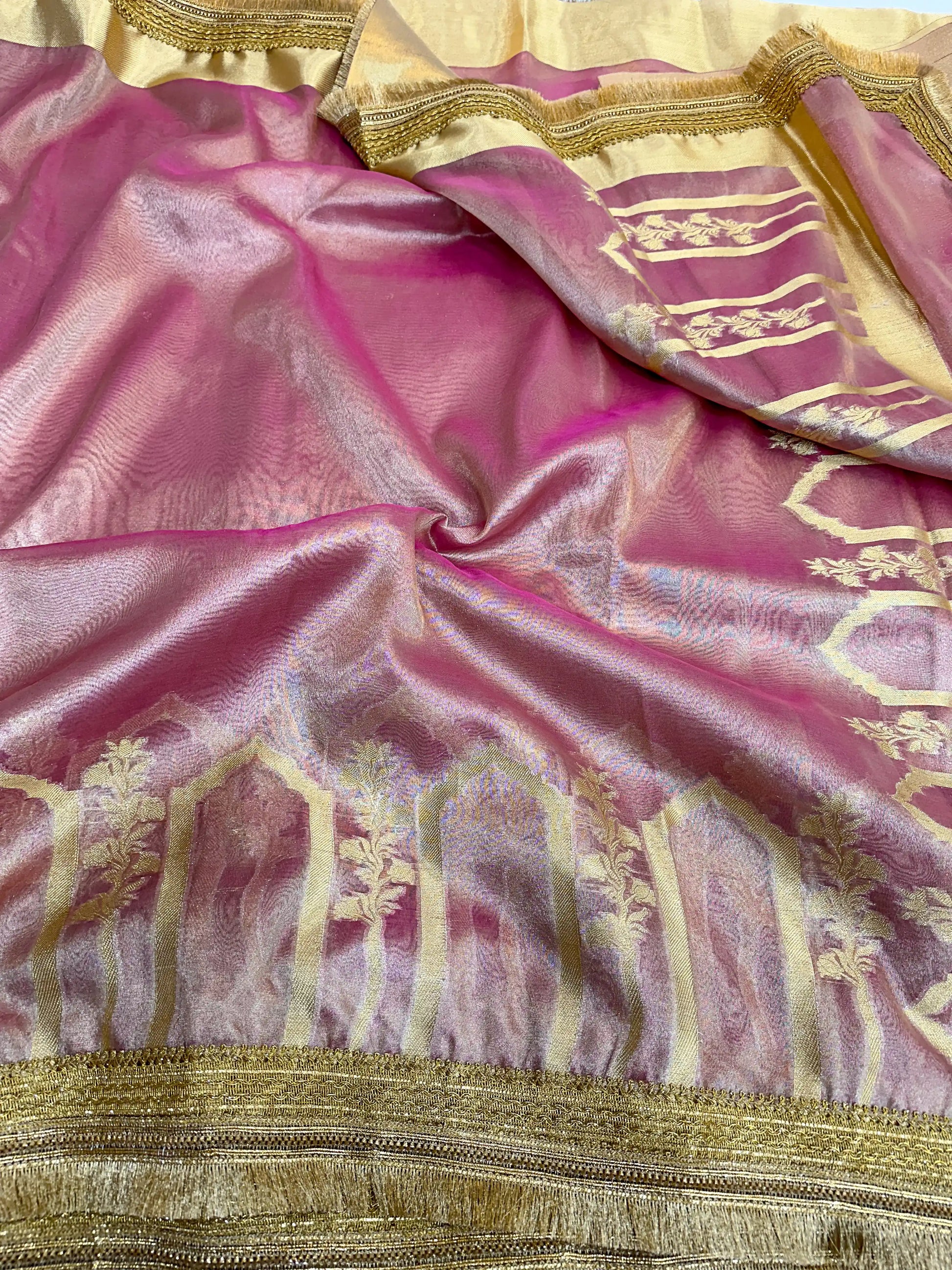 Metallic Pink Tissue Silk Heavy Lace Attached Banarasi Saree