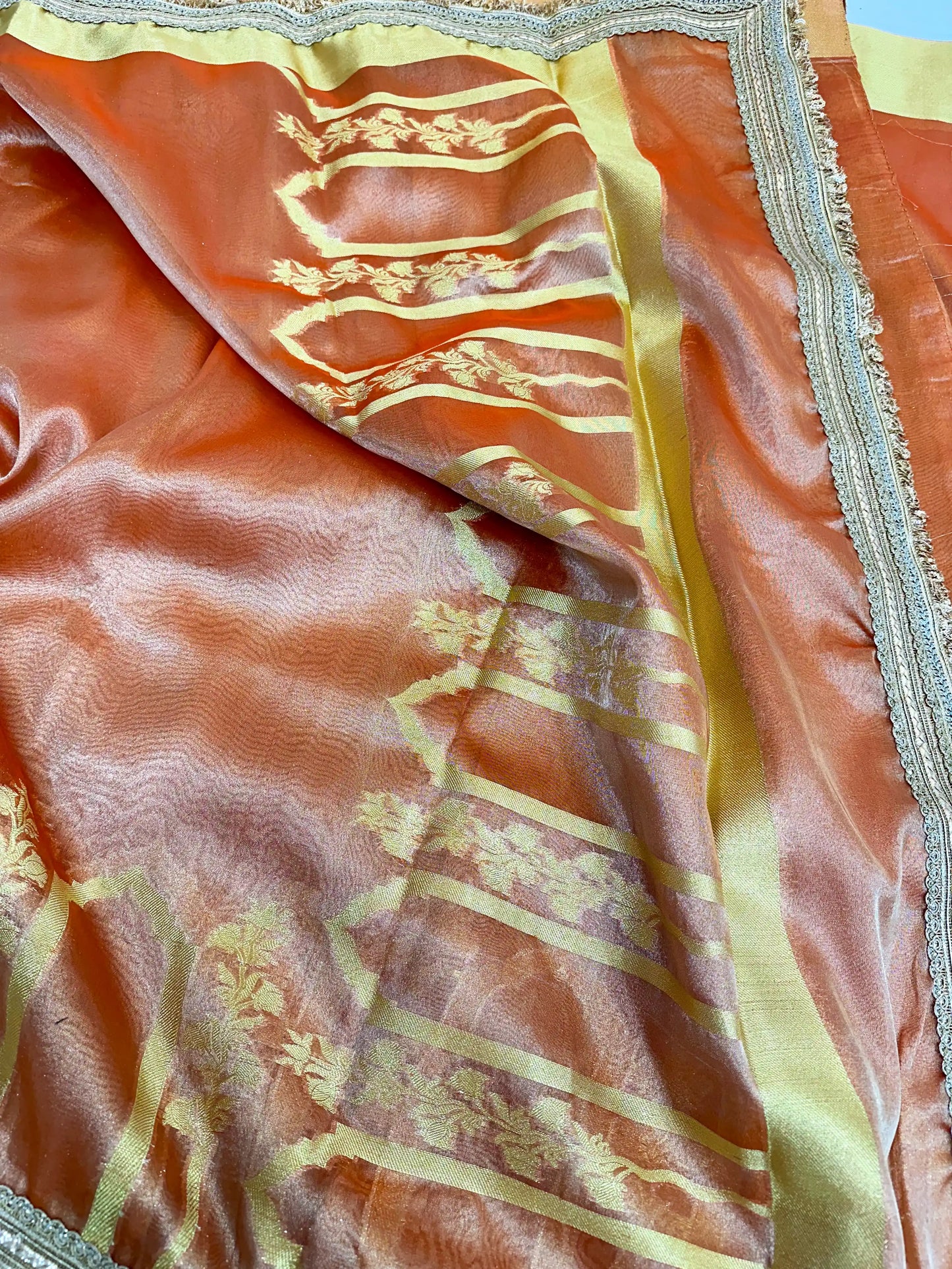 Fanta Orange Tissue Silk Heavy Lace Attached Banarasi Saree