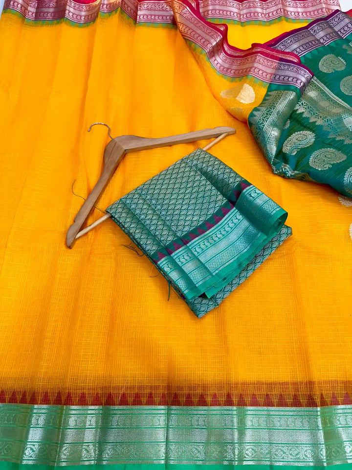 Turmeric Yellow Dharmavaram Cotton Silk Checks Weave Banarasi Saree