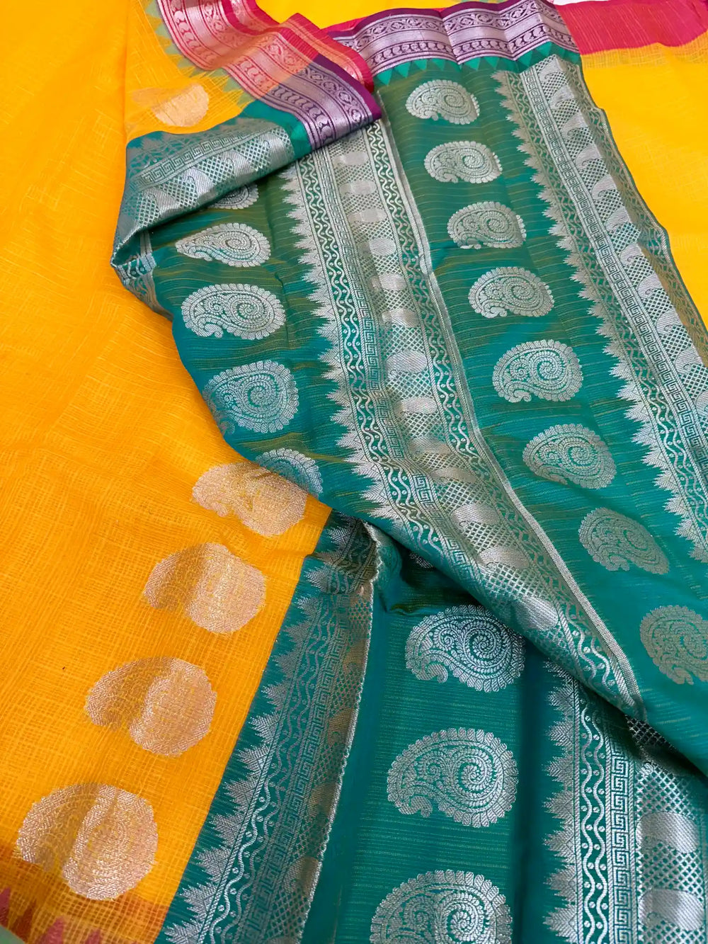 Turmeric Yellow Dharmavaram Cotton Silk Checks Weave Banarasi Saree