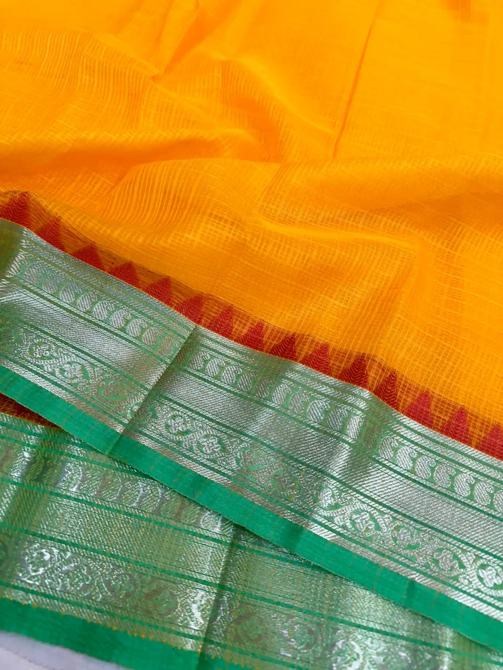 Turmeric Yellow Dharmavaram Cotton Silk Checks Weave Banarasi Saree