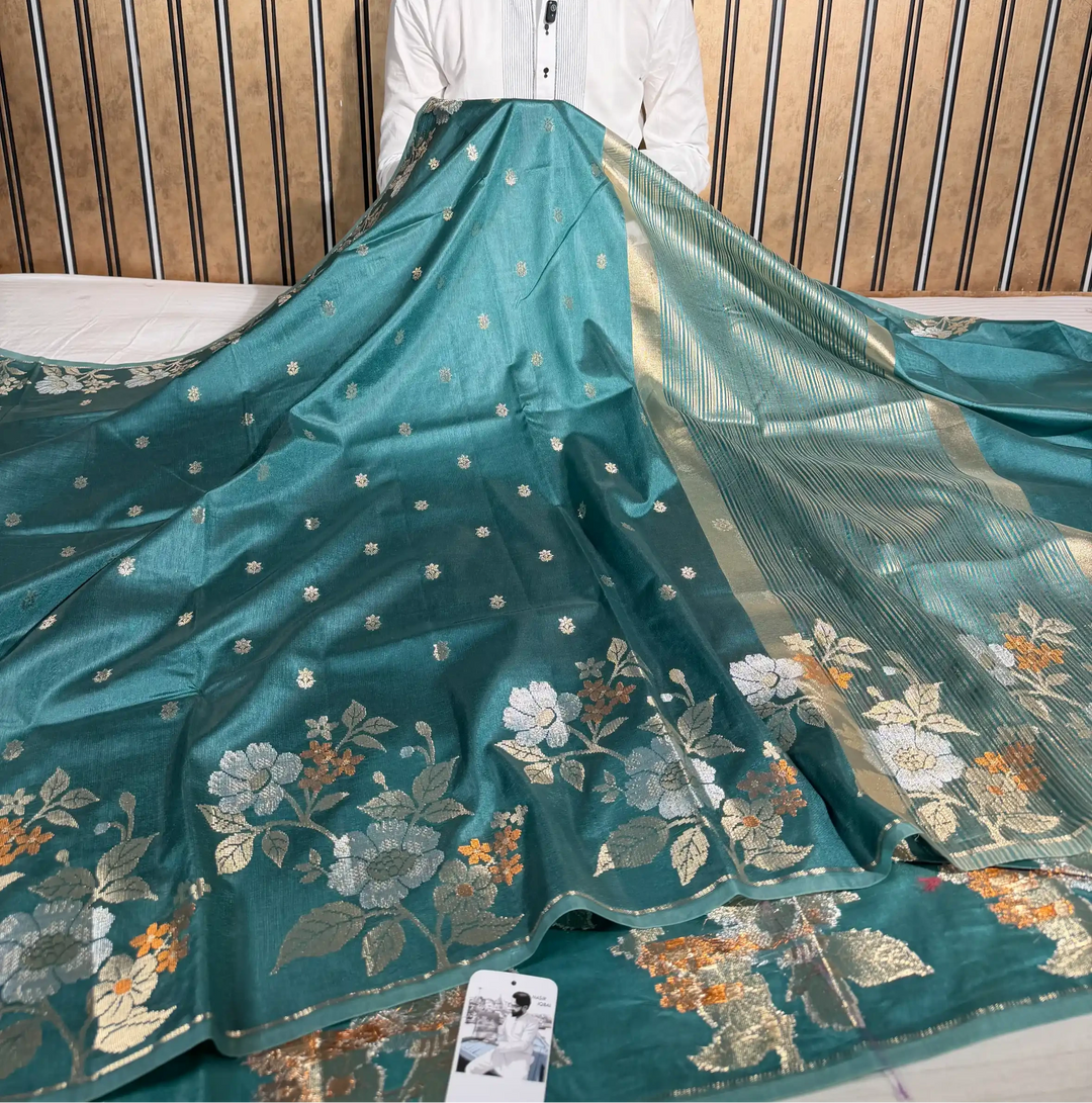 Turquiose Green Raw Dupion Silk Contemperory Banarasi Saree