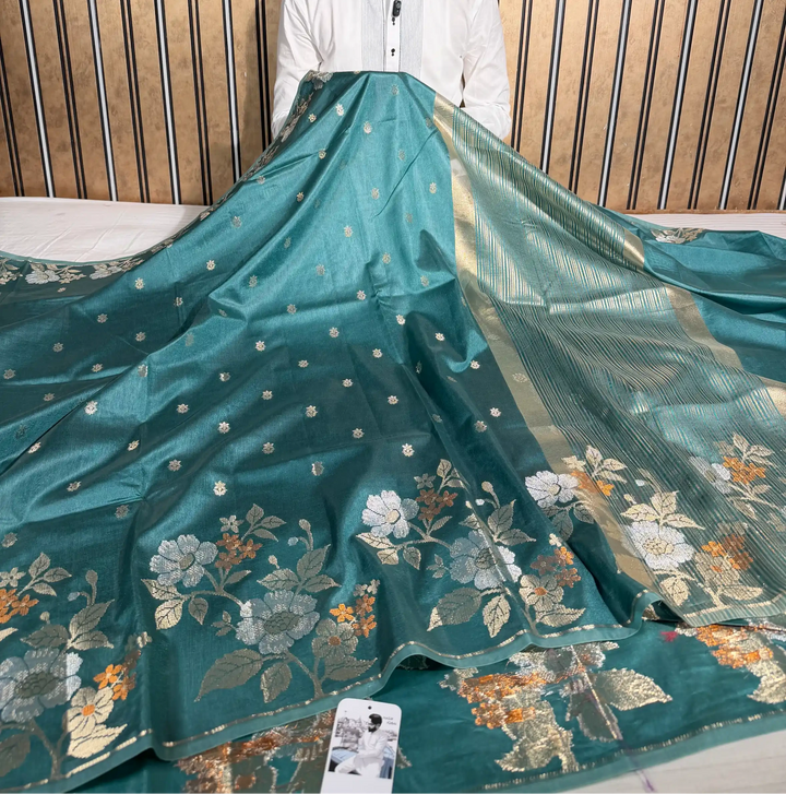 Turquiose Green Raw Dupion Silk Contemperory Banarasi Saree