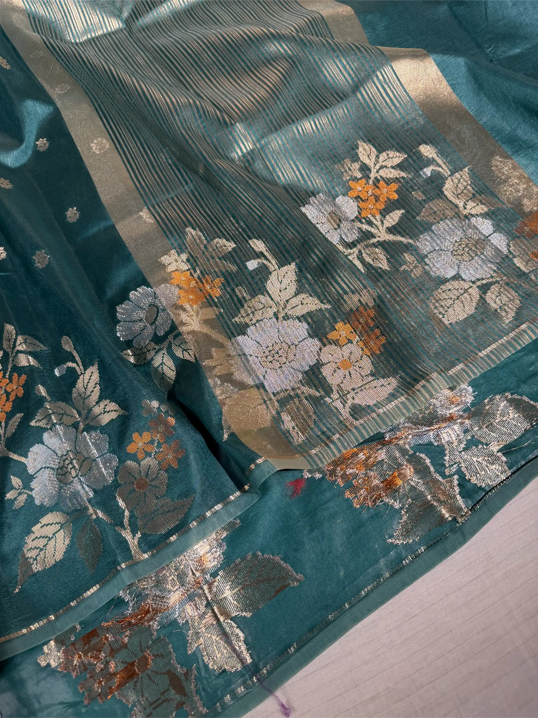 Turquiose Green Raw Dupion Silk Contemperory Banarasi Saree