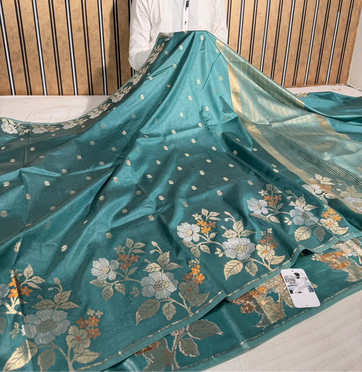 Turquiose Green Raw Dupion Silk Contemperory Banarasi Saree