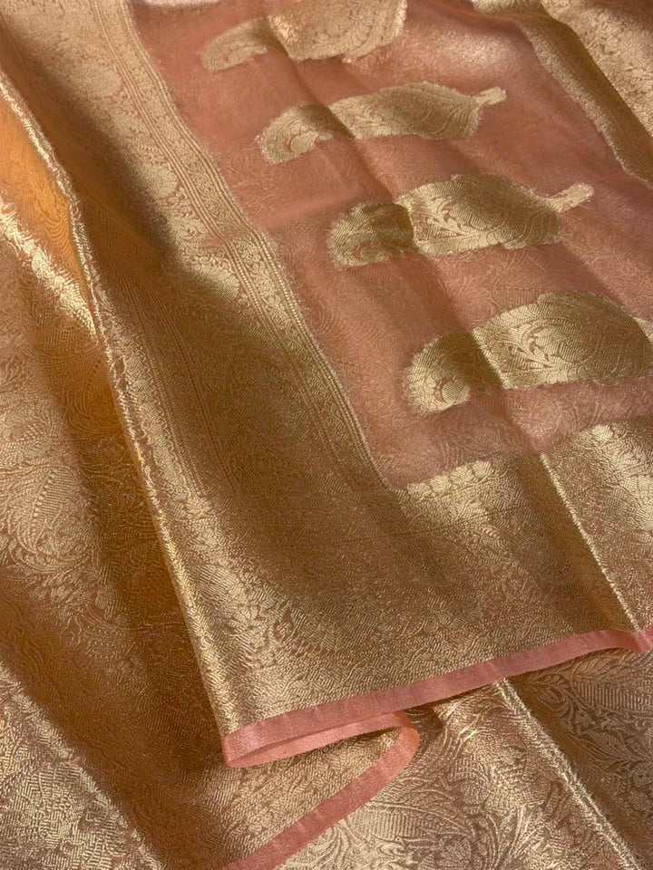 Bright Peach Brocade Tissue Silk Banarasi Saree