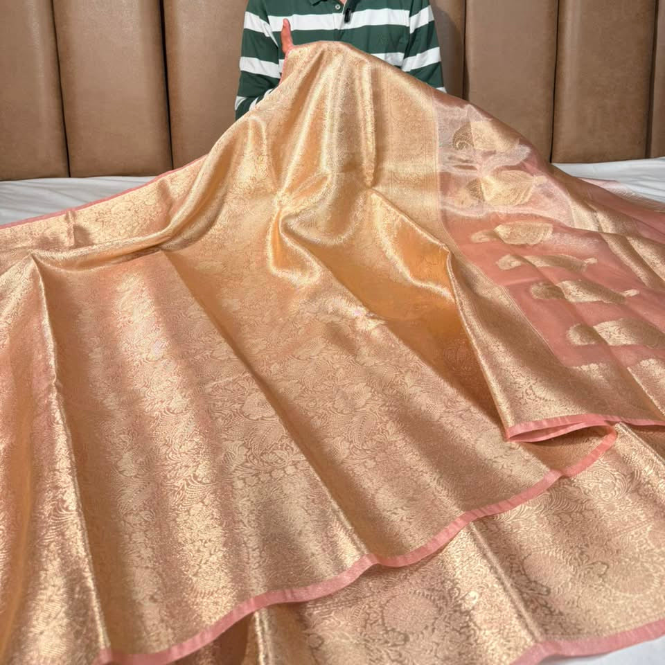 Bright Peach Brocade Tissue Silk Banarasi Saree