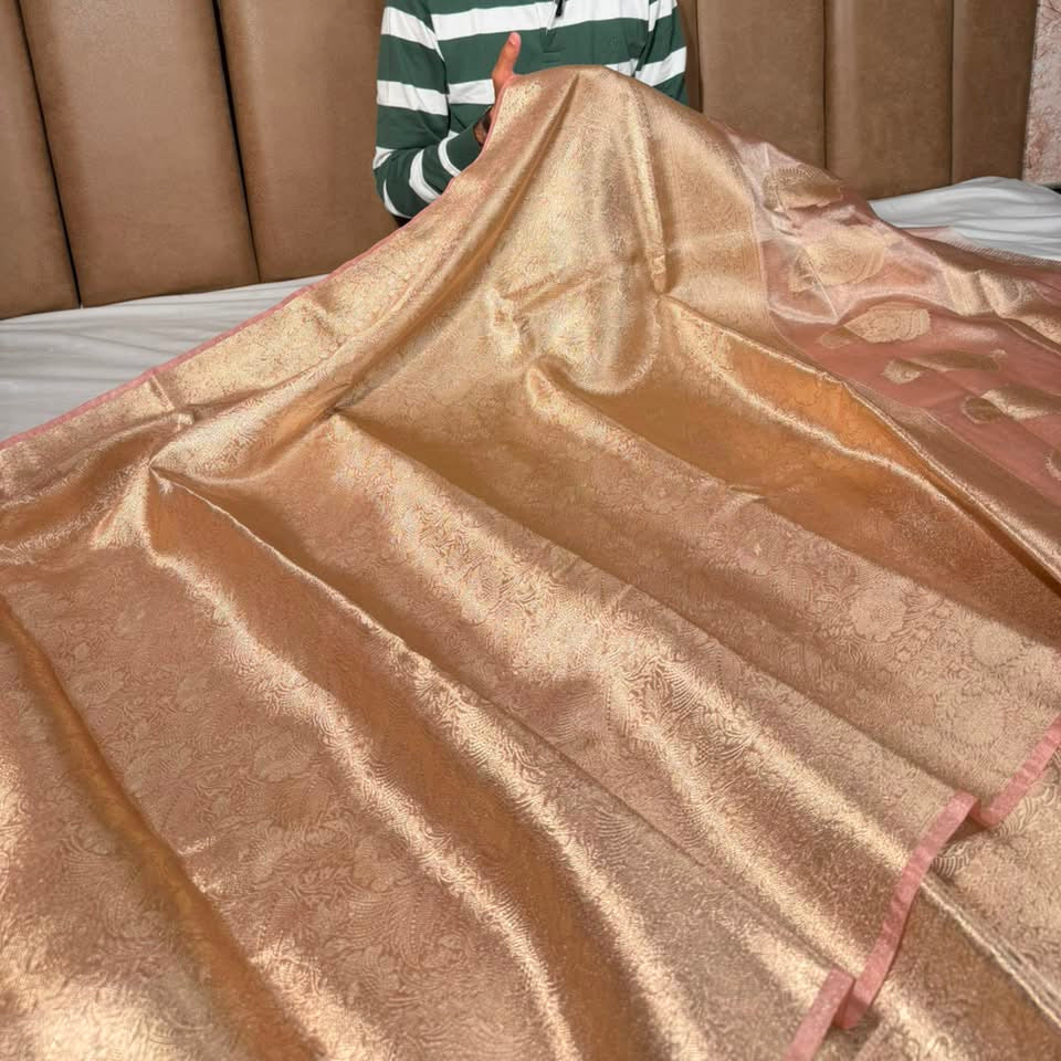 Bright Peach Brocade Tissue Silk Banarasi Saree