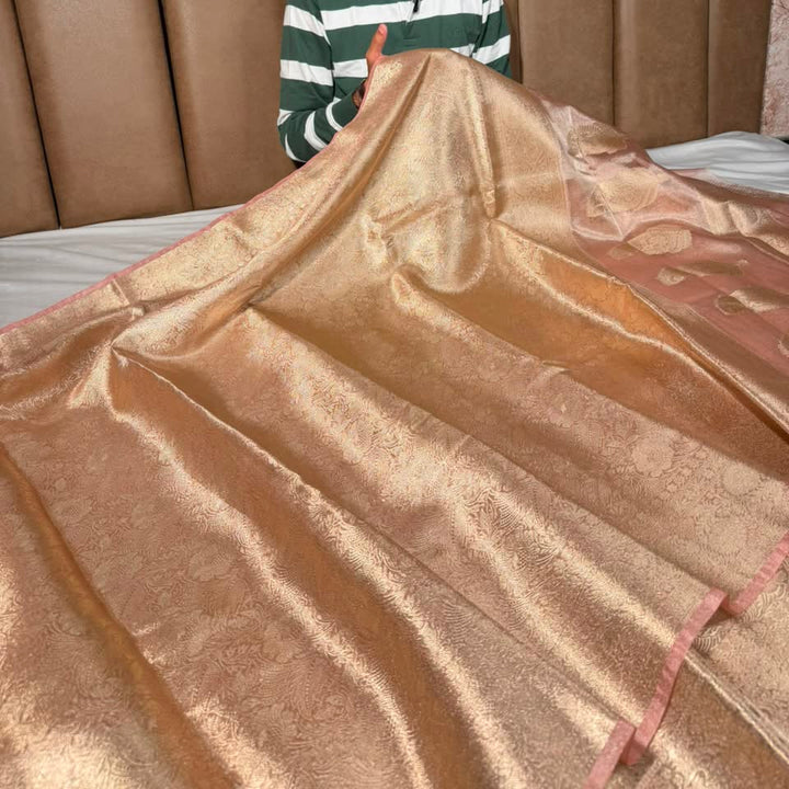 Bright Peach Brocade Tissue Silk Banarasi Saree