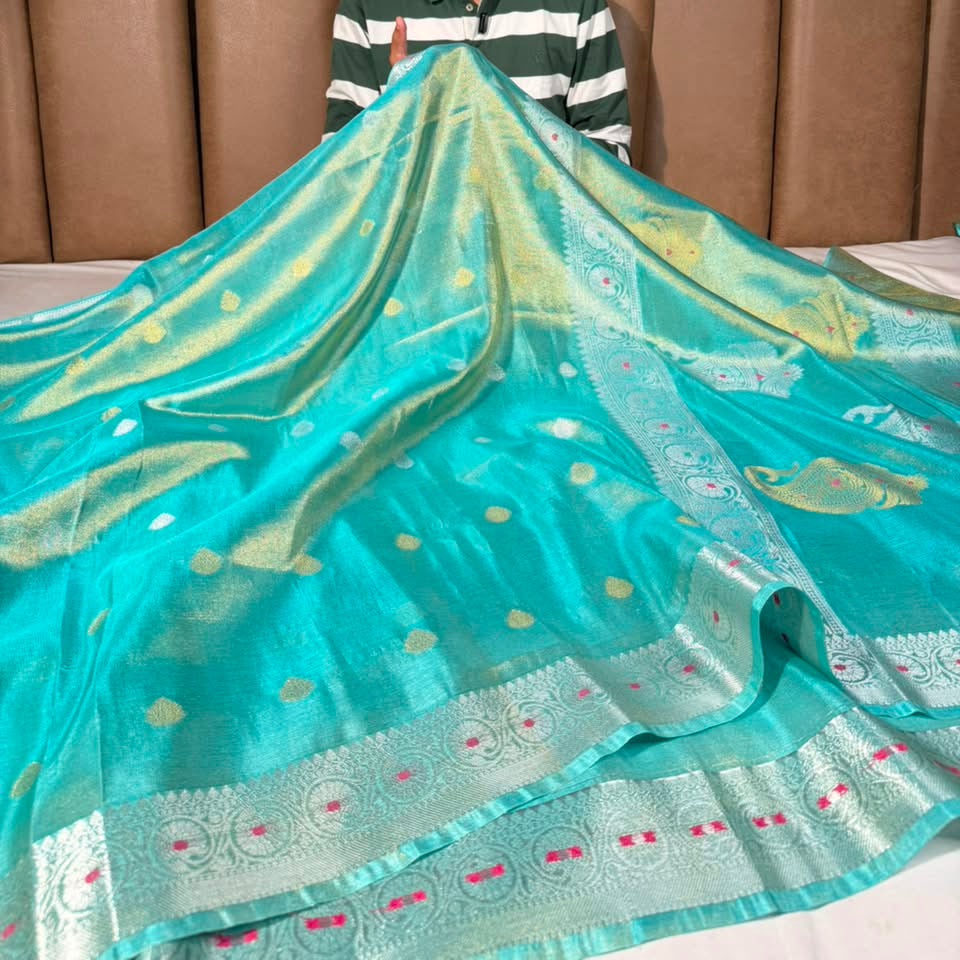 Sea Blue Breathable Soft Tissue Heritage Banarasi Saree