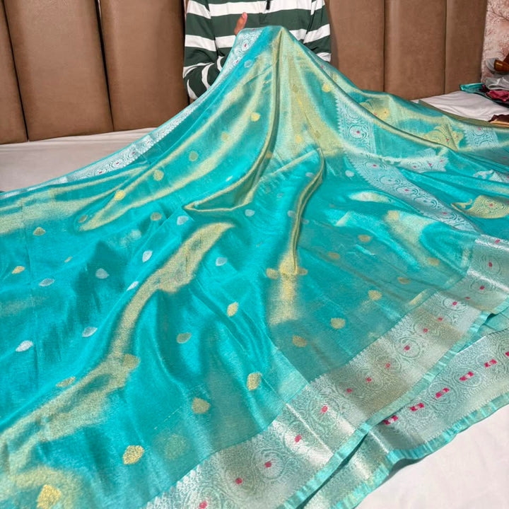 Sea Blue Breathable Soft Tissue Heritage Banarasi Saree