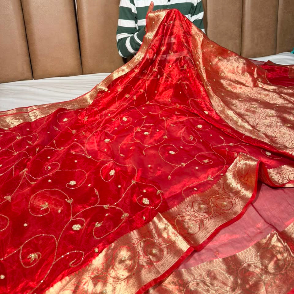 Carmine Red Pure Tissue Silk delicate Handwork Saree