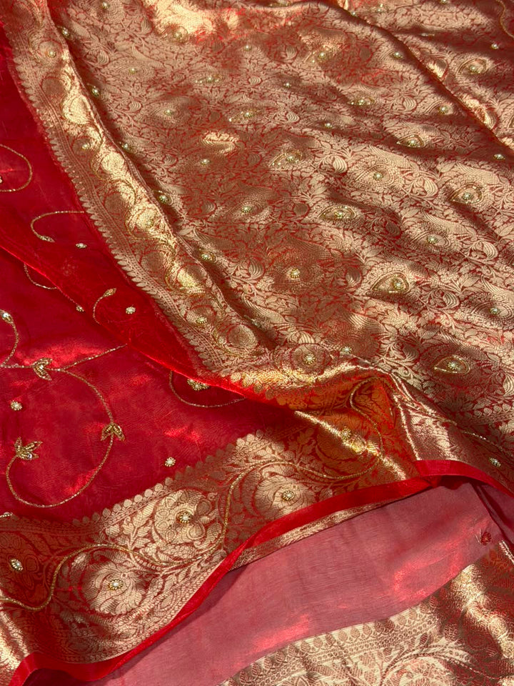 Carmine Red Pure Tissue Silk delicate Handwork Saree