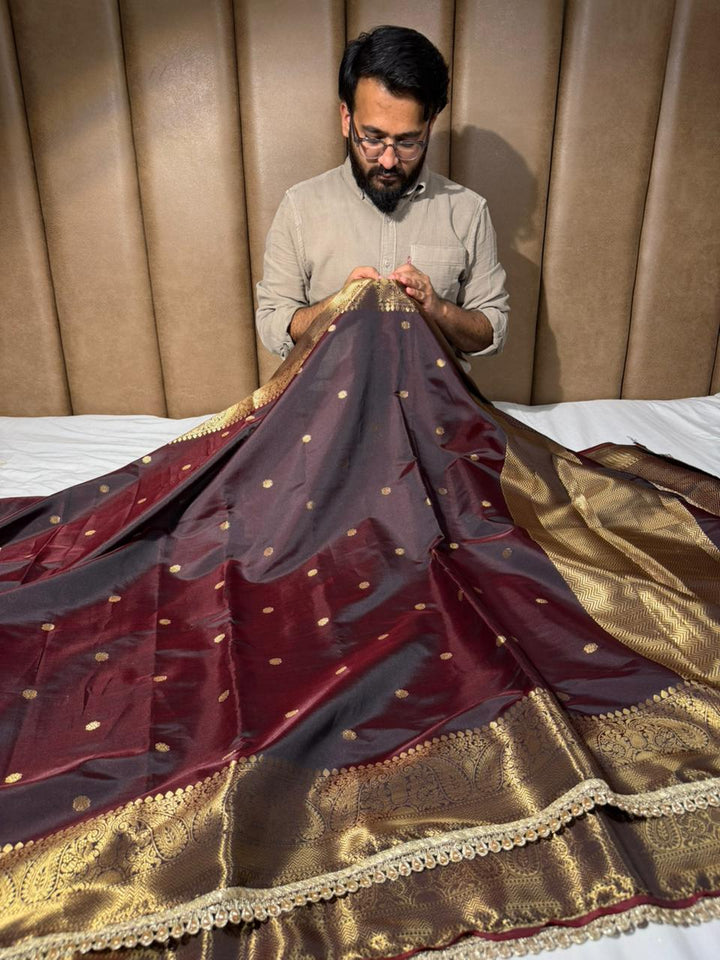 Unique Cola Shade Semi Katan Silk Banarasi Saree with Moti Lace