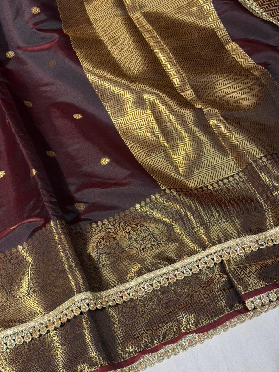 Unique Cola Shade Semi Katan Silk Banarasi Saree with Moti Lace