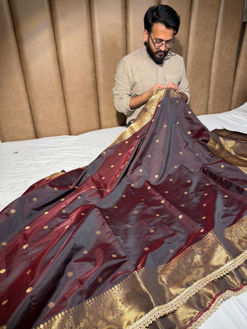 Unique Cola Shade Semi Katan Silk Banarasi Saree with Moti Lace