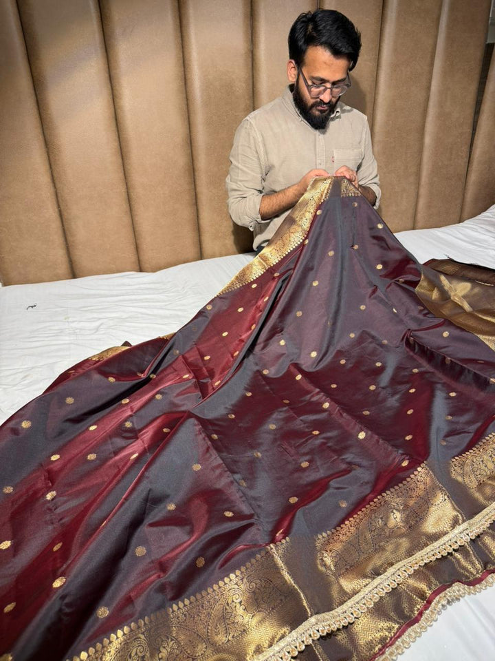 Unique Cola Shade Semi Katan Silk Banarasi Saree with Moti Lace