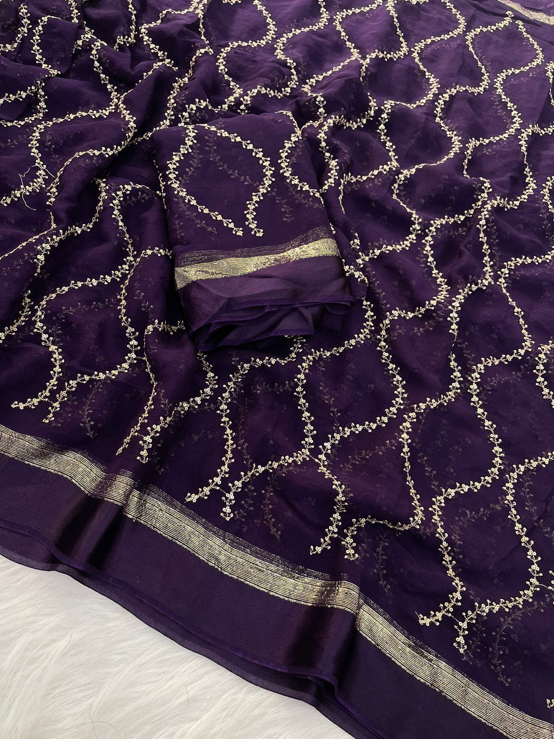 Voilet Viscose Georgette Silk Thread and Sequins Work Banarasi Saree