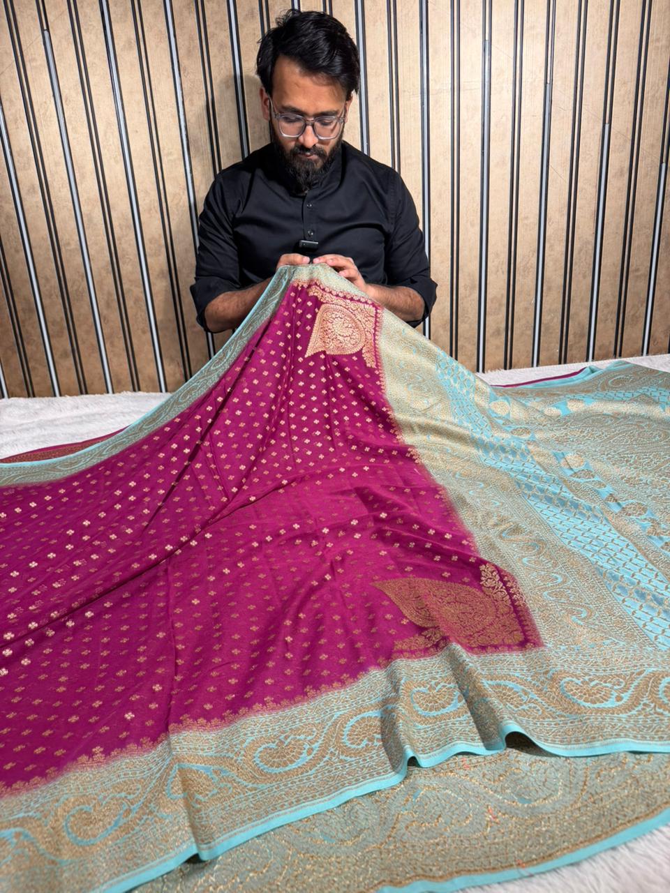 Voilet Contrast Pure Crepe Georgette Silk Heritage Antique Zari Weave Banarasi Saree