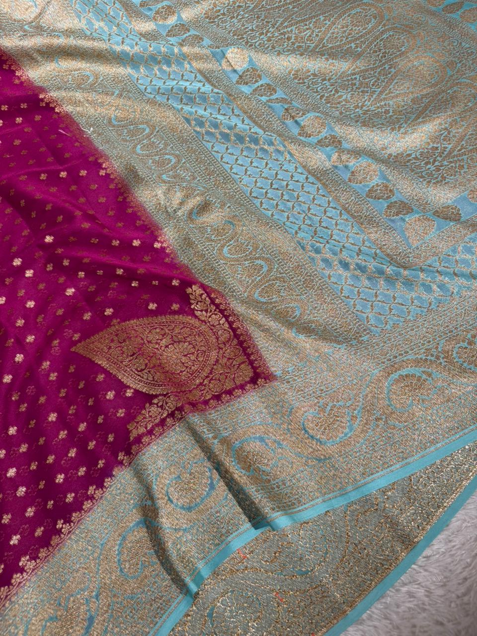 Voilet Contrast Pure Crepe Georgette Silk Heritage Antique Zari Weave Banarasi Saree