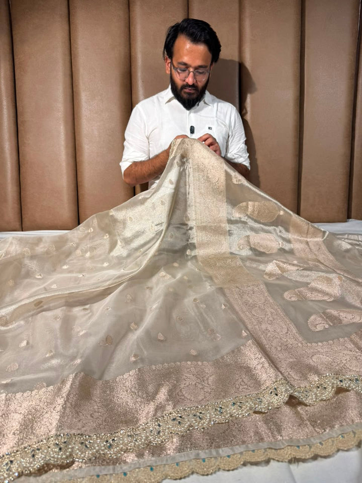 Water Zari Khaddi Buti Kora tissue Silk Banarasi Saree