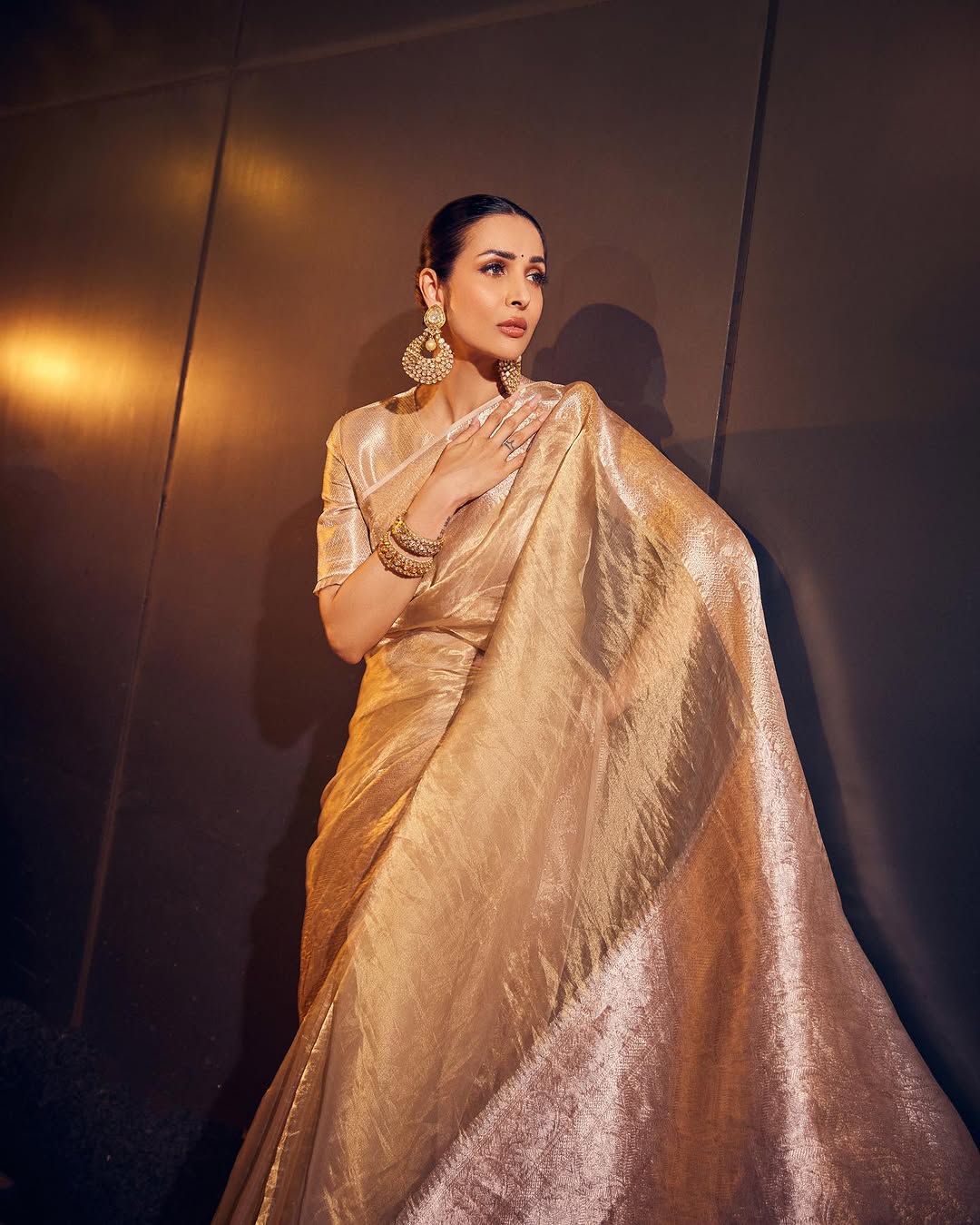 Water Gold colour Malaika Arora Inspired Tissue Silk Saree