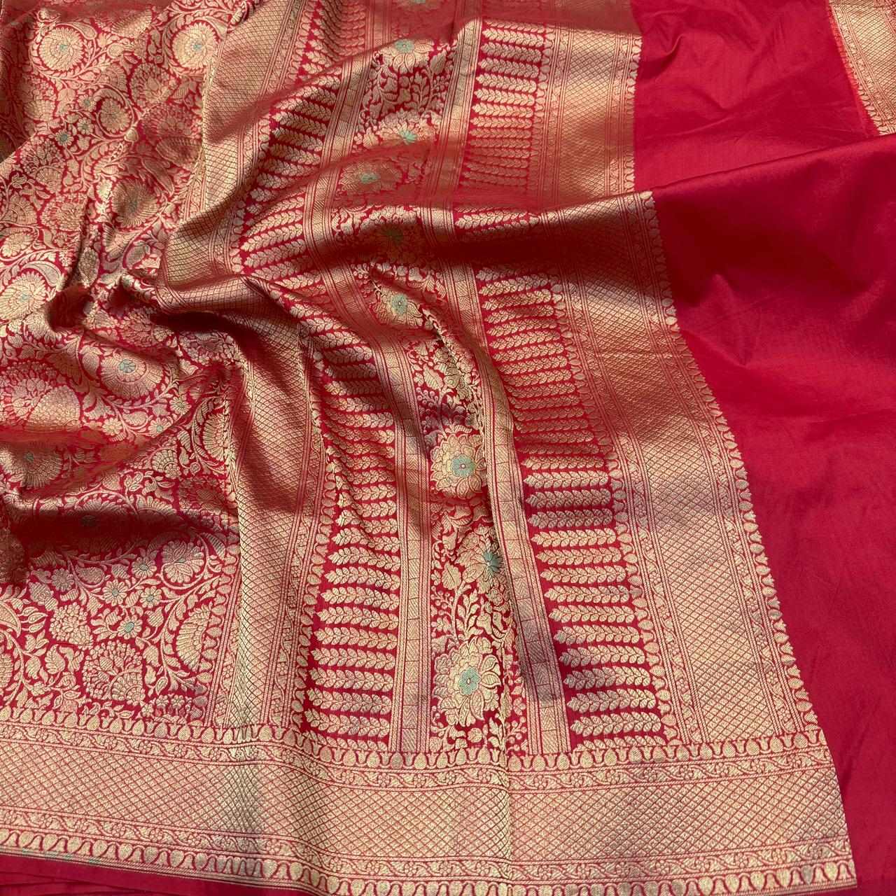 Bright Red Pure Katan Silk Saree