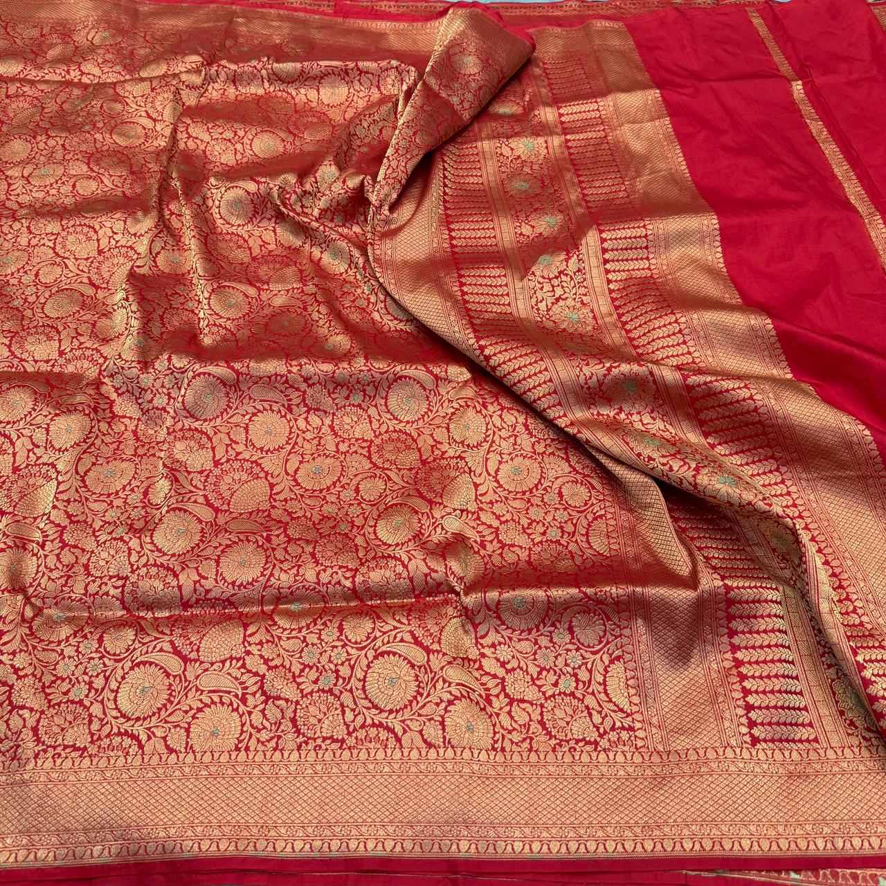 Bright Red Pure Katan Silk Saree