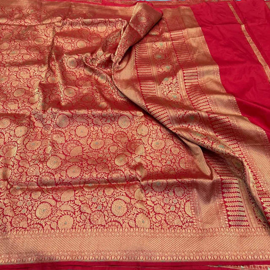 Bright Red Pure Katan Silk Saree