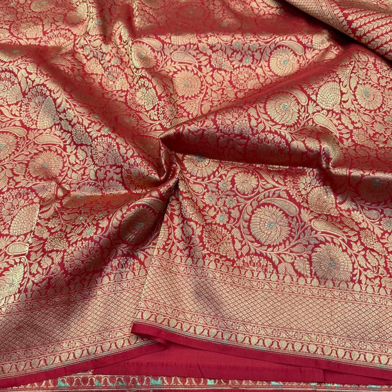 Bright Red Pure Katan Silk Saree