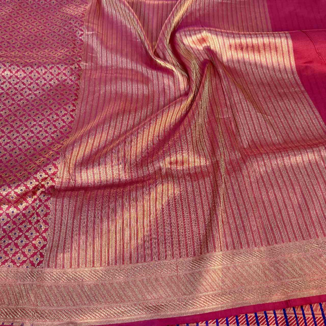 Rani Pink Shade Pure Katan Silk Alfi Saree