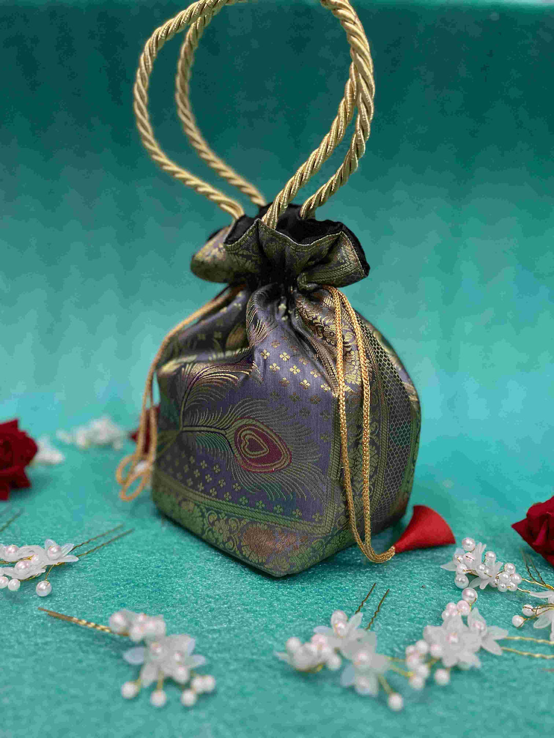 Gray Elegance Banarasi Potli Bags