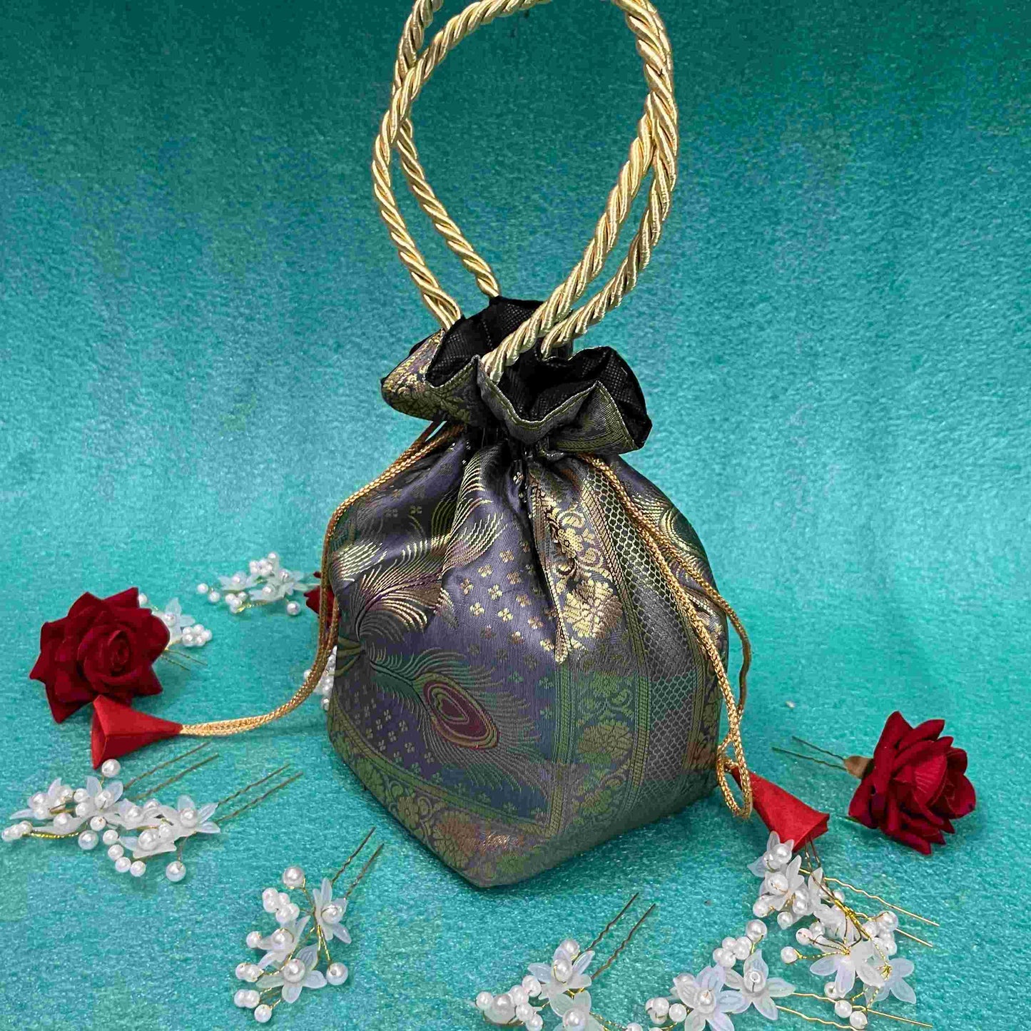 Gray Elegance Banarasi Potli Bags