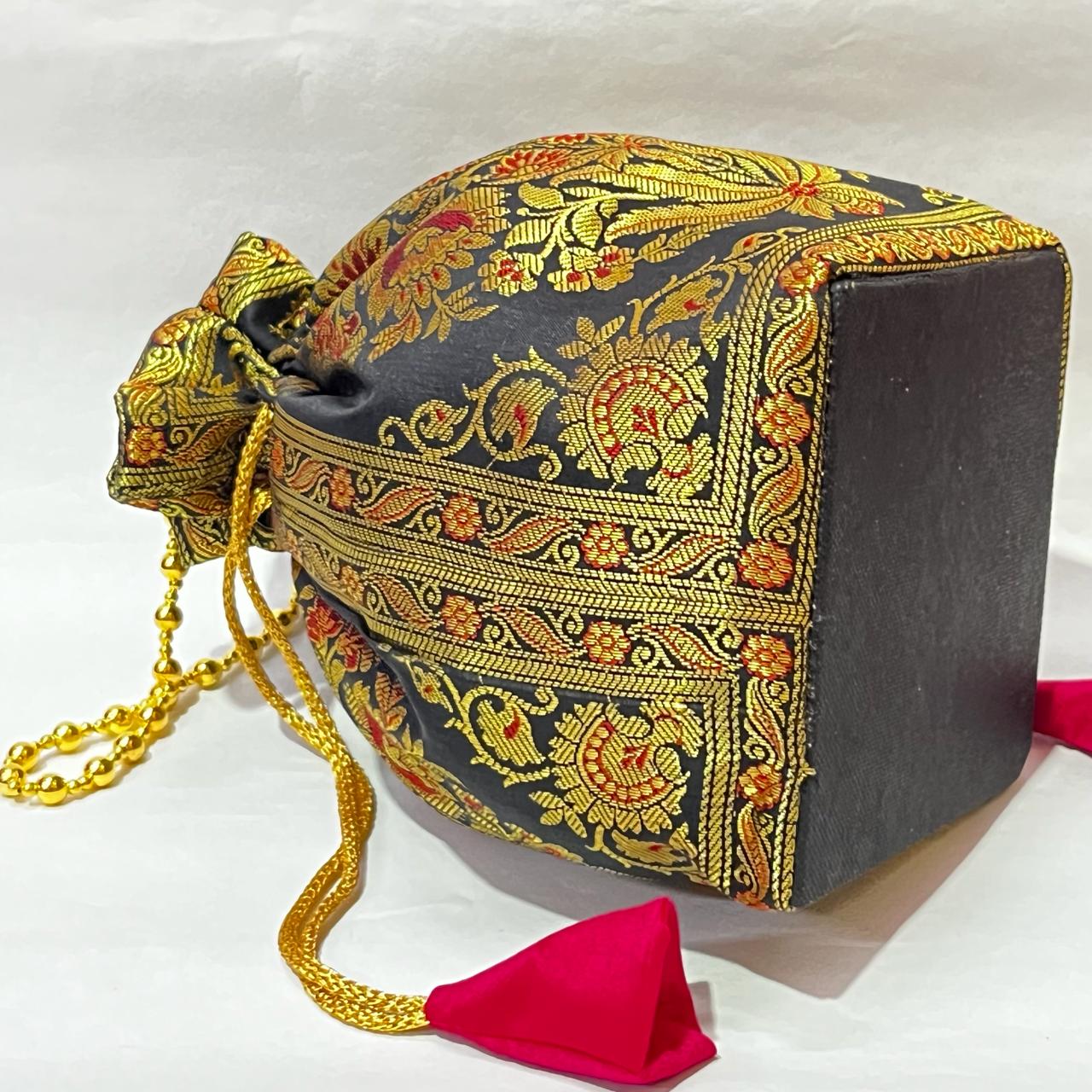 Dark Gray Elegance Banarasi Potli Bags