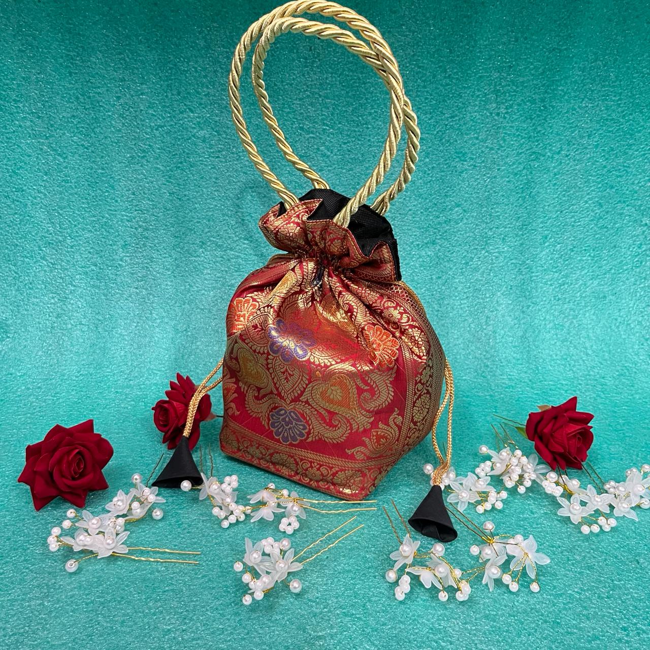 Red Elegance Banarasi Potli Bags