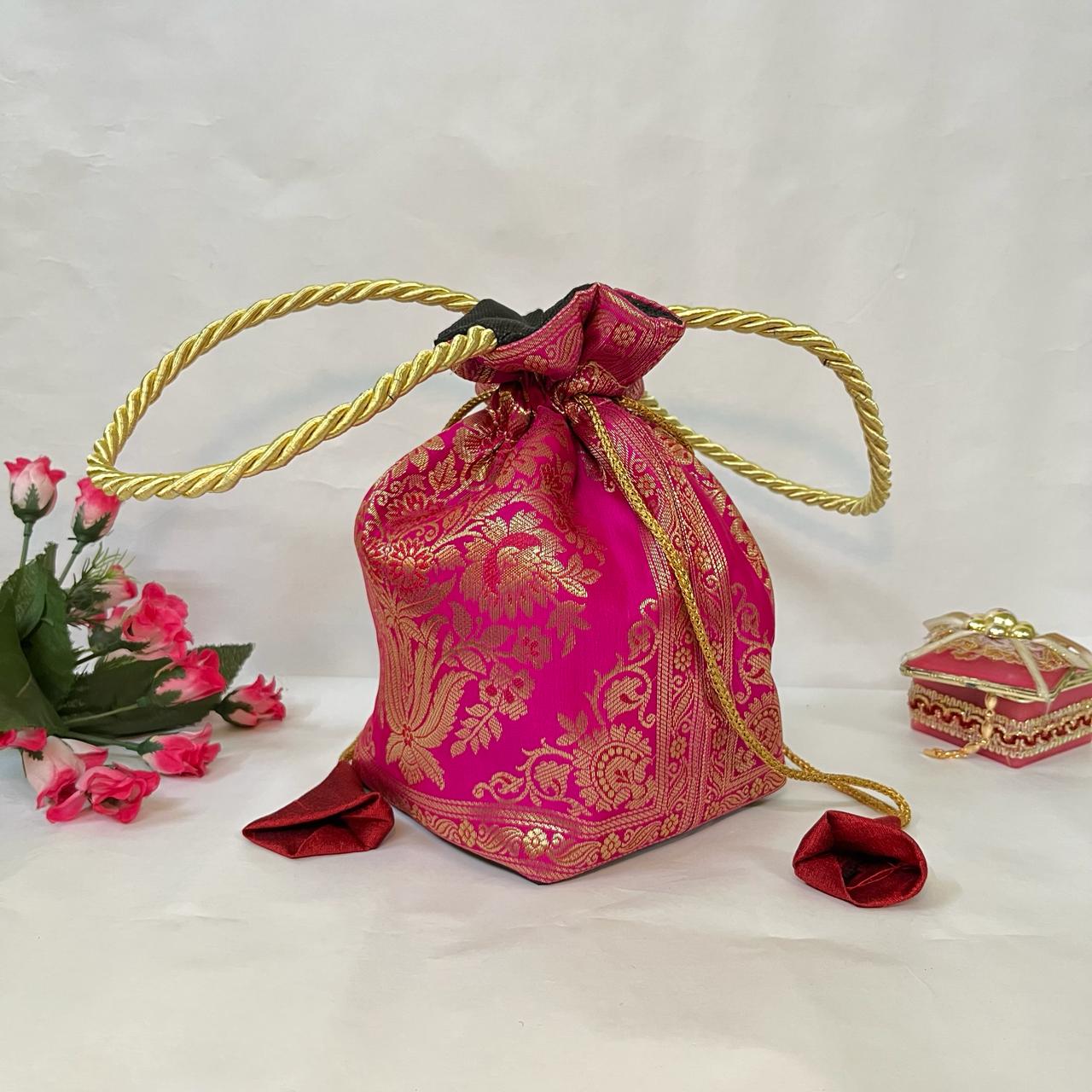 Rani Pink Elegance Banarasi Potli Bags