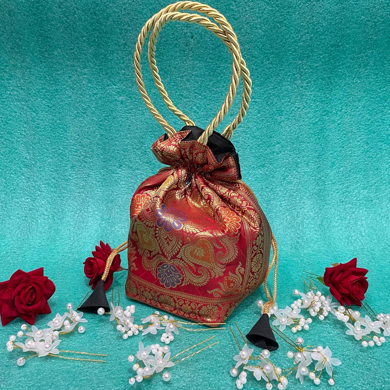 Red Elegance Banarasi Potli Bags