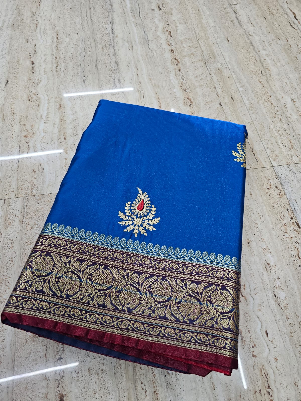 Bright Blue Colour Banarasi katan silk with embroidery work