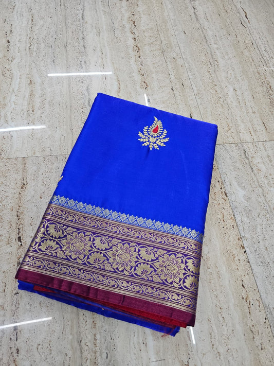 Bright Blue Colour Banarasi katan silk with embroidery work