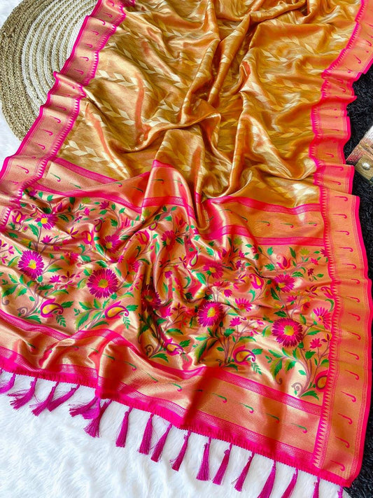 Adorable Orange Tissue Paithani Silk Saree